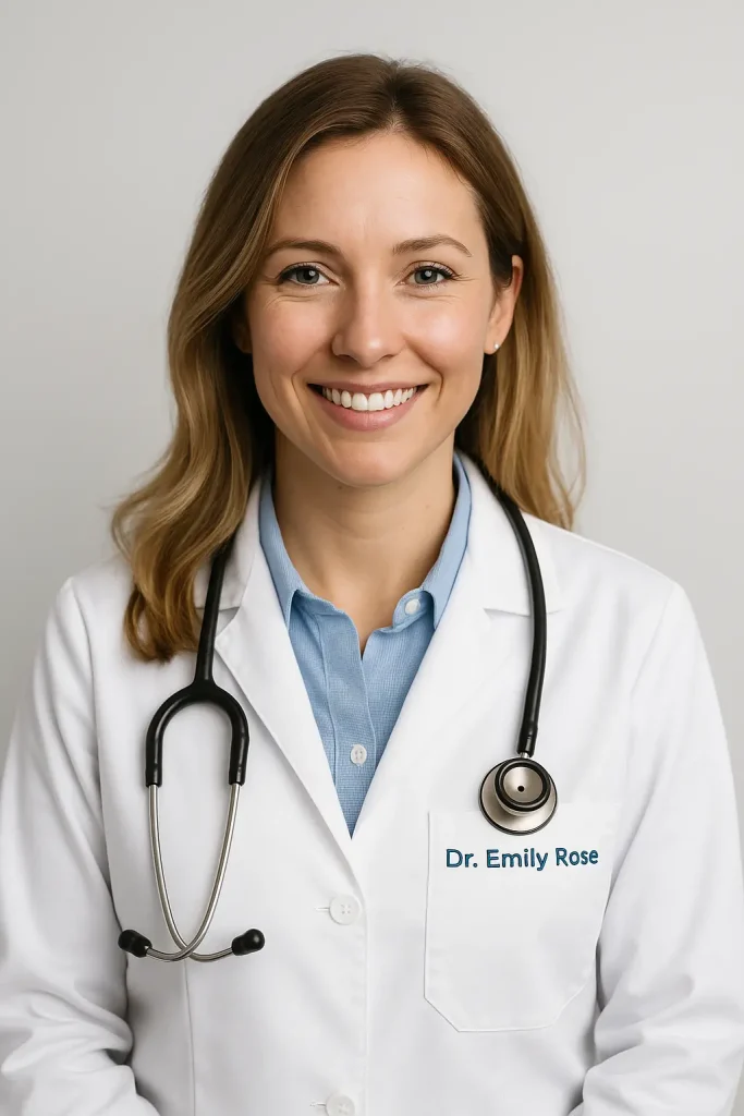 Portrait professionnel de Dr Emily Rose, médecin spécialisée en santé du foie, portant une blouse blanche avec un stéthoscope