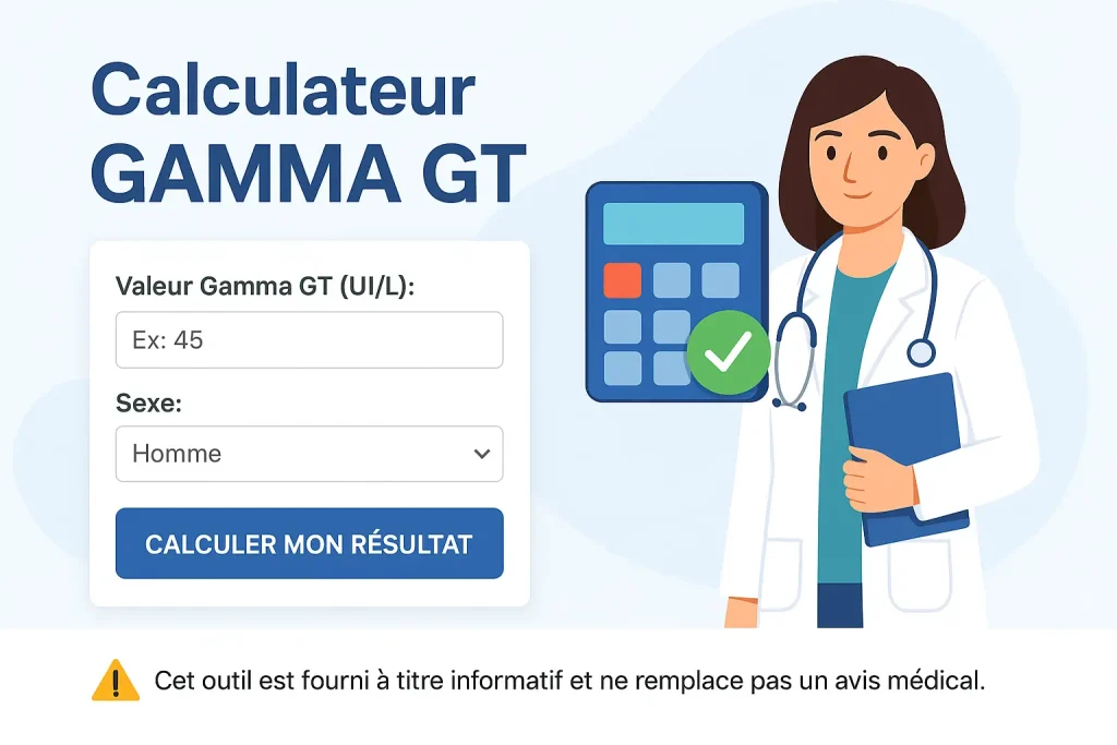 Illustration professionnelle d’un calculateur Gamma GT avec médecin et interface de saisie, outil en ligne gratuit pour vérifier son taux