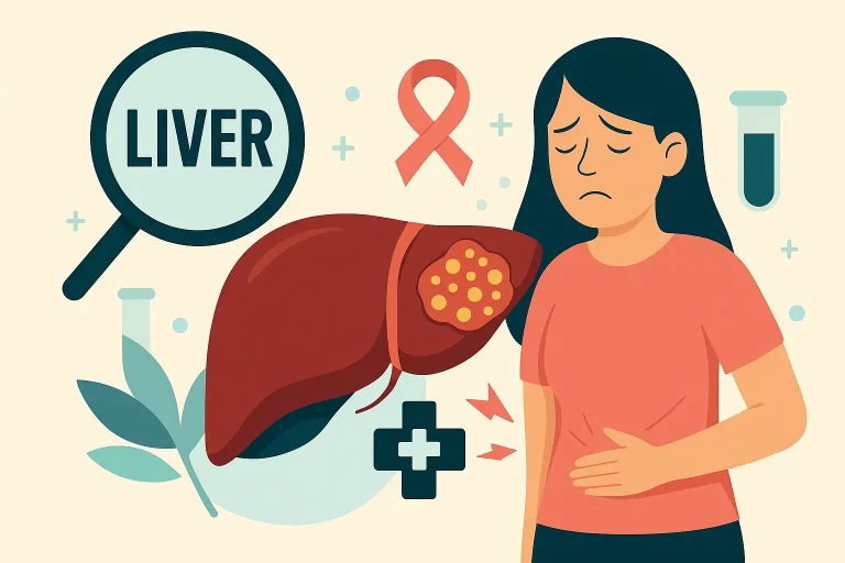Illustration éducative sur le cancer du foie montrant un foie humain, des médecins et des éléments de prévention