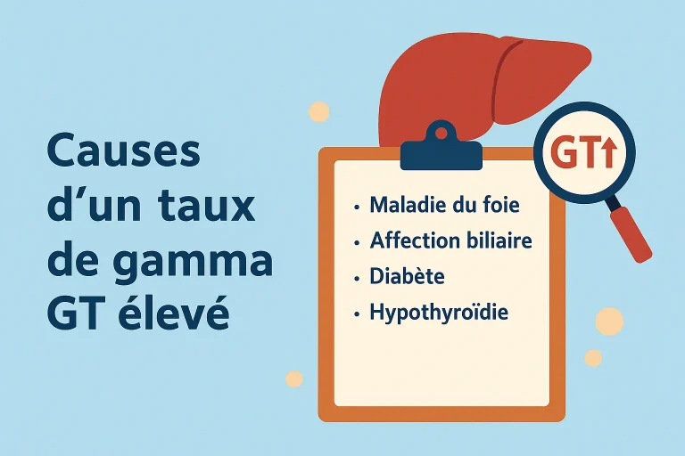 Infographie illustrant les causes fréquentes d’un taux de gamma GT élevé, avec facteurs liés et non liés à l’alcool