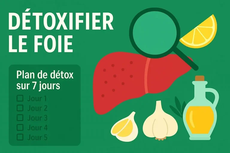 Infographie sur les méthodes naturelles pour détoxifier le foie avec citron, ail et plan de détox sur 7 jours