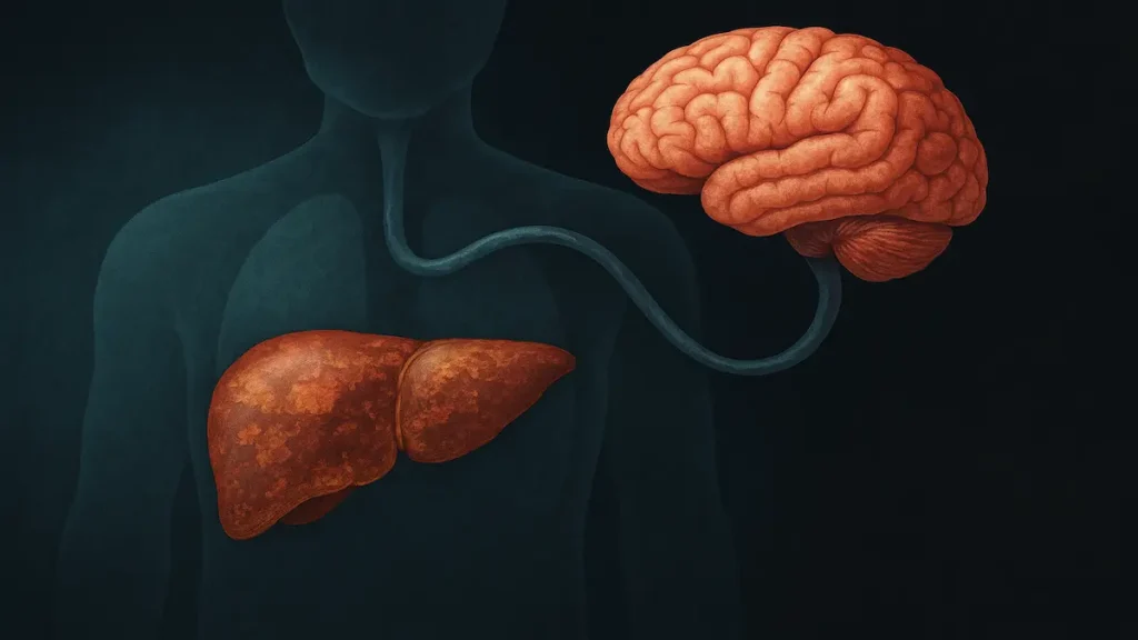 Illustration médicale de l’encéphalopathie hépatique montrant le foie malade et le cerveau reliés par des flux lumineux symbolisant les toxines.
