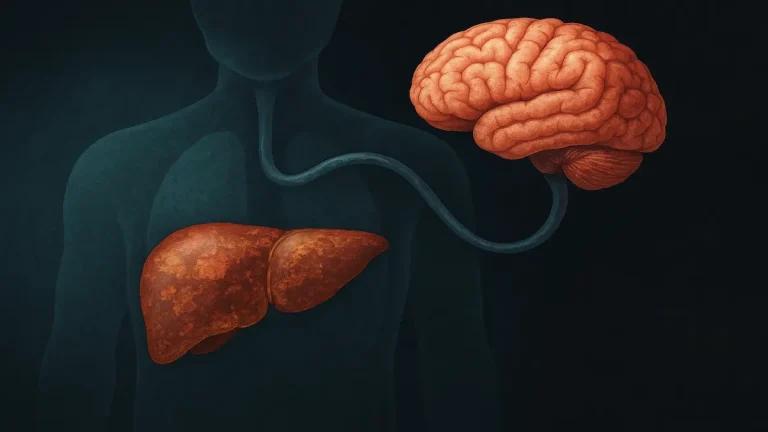 Illustration médicale de l’encéphalopathie hépatique montrant le foie malade et le cerveau reliés par des flux lumineux symbolisant les toxines.