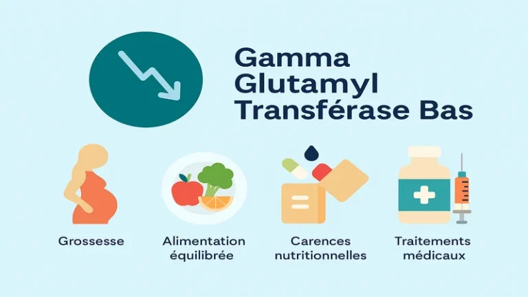 Illustration médicale sur la gamma glutamyl transférase bas avec icône de baisse et titre descriptif