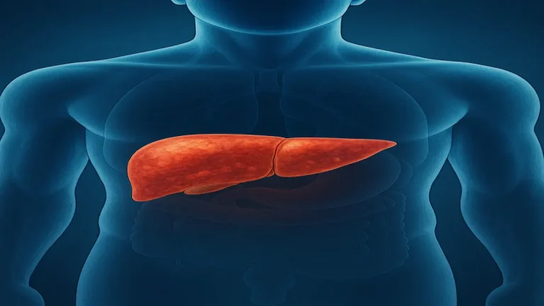 Image médicale réaliste montrant un foie humain en 3D dans le corps, utilisée pour un article sur l’insuffisance hépatique