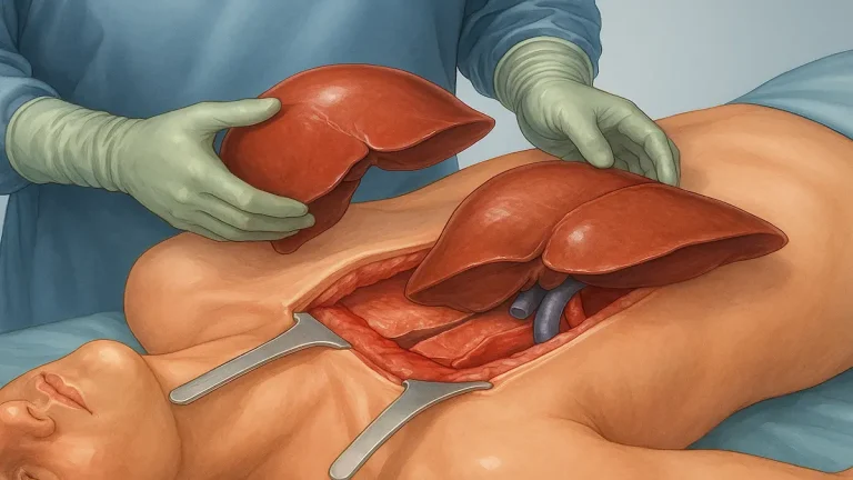 Illustration médicale professionnelle représentant une transplantation hépatique avec remplacement d’un foie malade par un foie sain