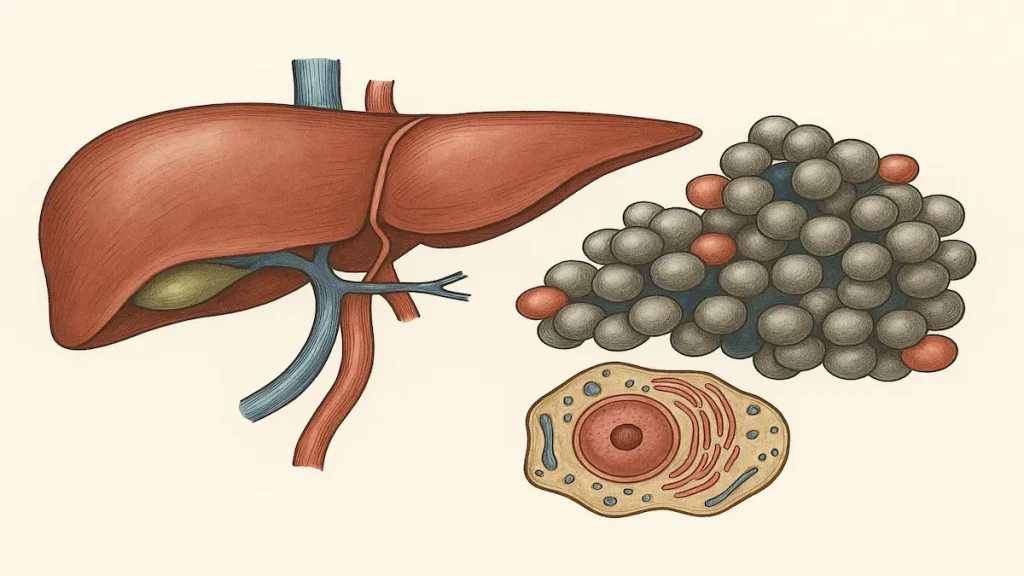 Illustration médicale du foie humain avec structures moléculaires, enzymes hépatiques ASAT et ALAT