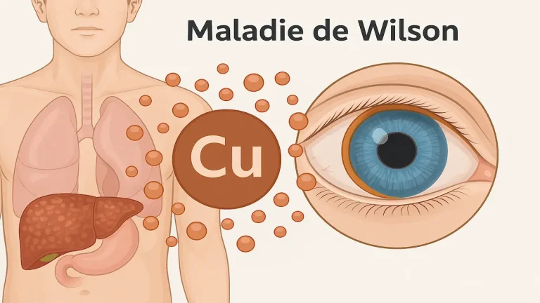 Illustration médicale représentant la maladie de Wilson avec foie affecté par l’accumulation de cuivre et œil montrant un anneau de Kayser-Fleischer