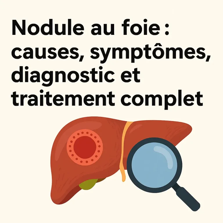 Illustration médicale d’un nodule au foie avec loupe et texte explicatif